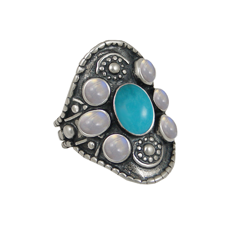 Sterling Silver High Queen's Ring With Turquoise And Rainbow Moonstone Size 10